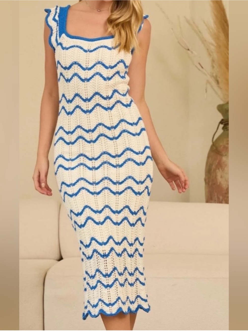 Skies Are Blue Blue & Ivory Crochet Knit Midi Dress Size M